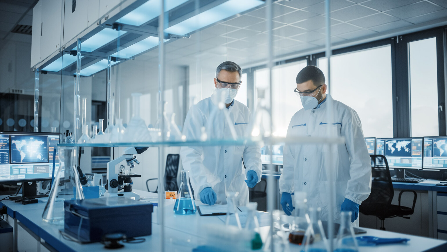 Zwei erfahrene Laboranalytiker arbeiten in einem hochmodernen GMP-Labor mit modernster technischer Ausstattung. Die Umgebung ist geprägt von Transparenz, Sauberkeit und Präzision. Im Hintergrund sind digitale Analysebildschirme sichtbar, die eine datenbasierte, regulatorisch sichere Laborarbeit unterstreichen. Perfekt für pharmazeutische Qualitätssicherung und analytische Prüfverfahren. Zwei erfahrene Laboranalytiker arbeiten in einem hochmodernen GMP-Labor mit modernster technischer Ausstattung. Die Umgebung ist geprägt von Transparenz, Sauberkeit und Präzision. Im Hintergrund sind digitale Analysebildschirme sichtbar, die eine datenbasierte, regulatorisch sichere Laborarbeit unterstreichen. Perfekt für pharmazeutische Qualitätssicherung und analytische Prüfverfahren.
